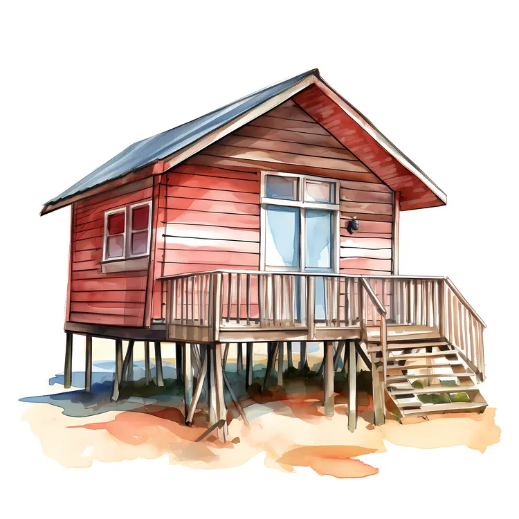 Red Wooden Beach House with Steps