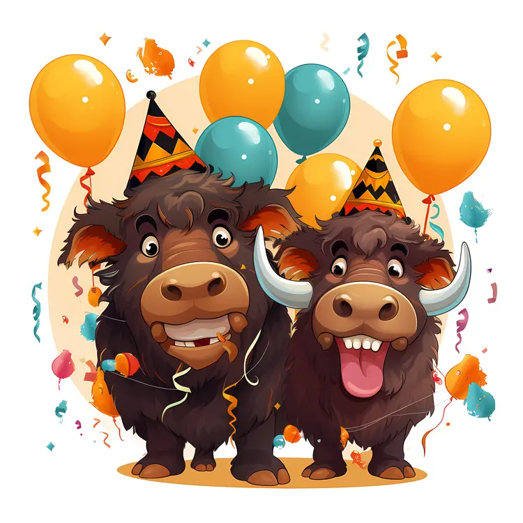 Cartoon Bison Party with Balloons