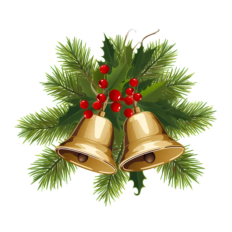 Golden Bells with Pine Branches and Red Berries for Christmas