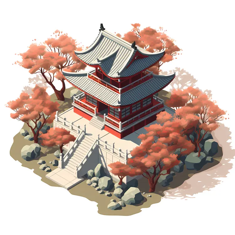 Red Pagoda with Autumn Trees