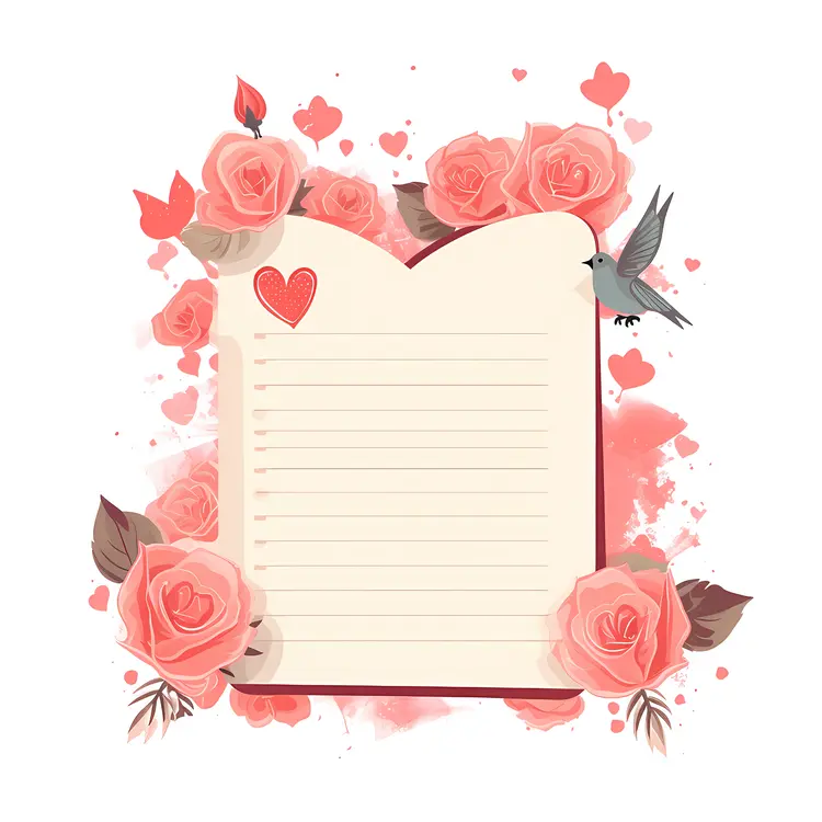 Pink Roses and Heart Floral Frame with Hummingbird