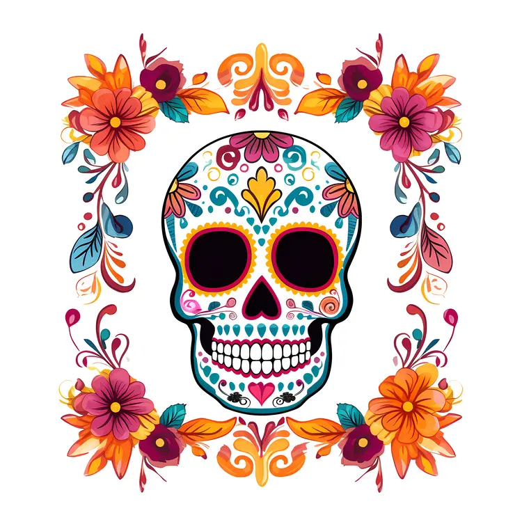 Skull with Floral Border for Day of the Dead