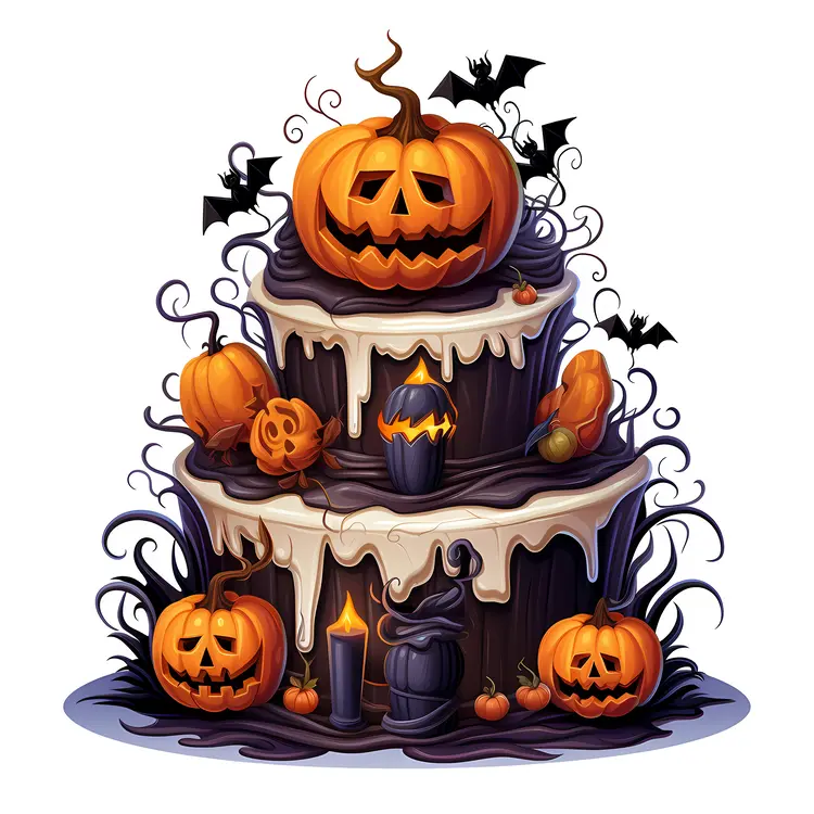Spooky Halloween Cake with Pumpkins and Bats