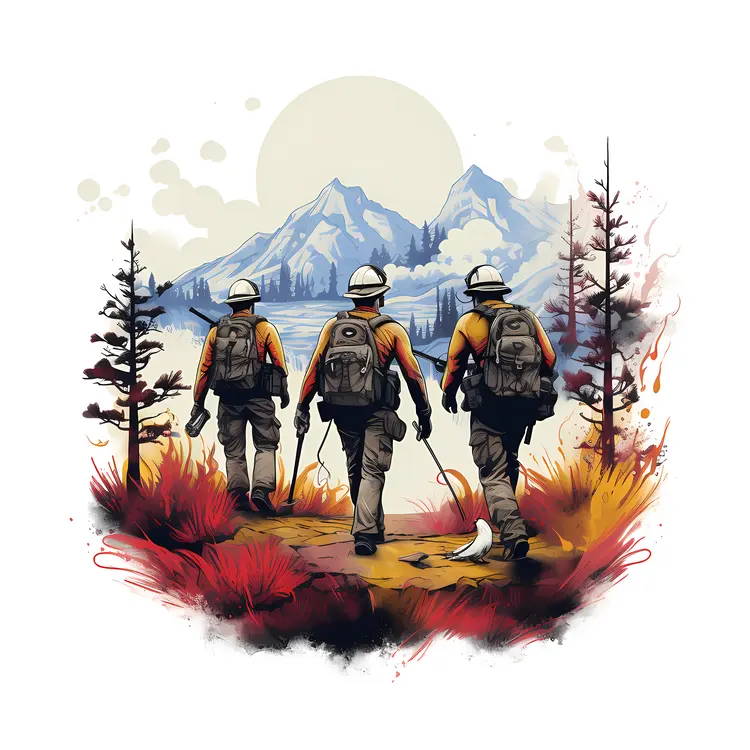 Firefighters Hiking Towards Mountains