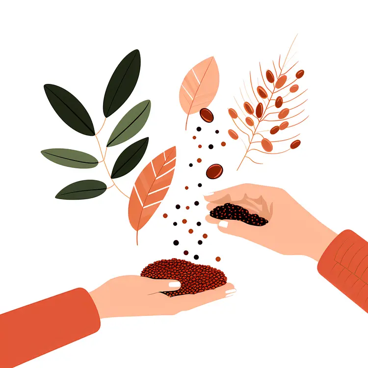 Hands Holding and Pouring Seeds with Leaves