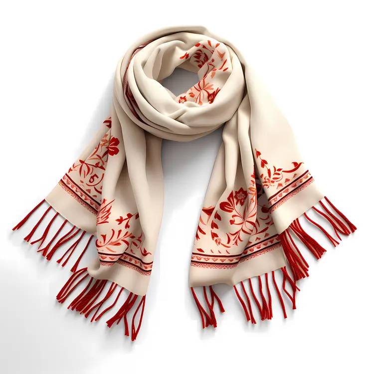 Beige Scarf with Red Floral Patterns