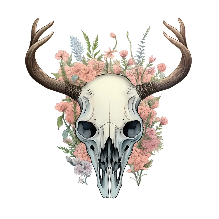 Decorative Skull with Flowers and Antlers