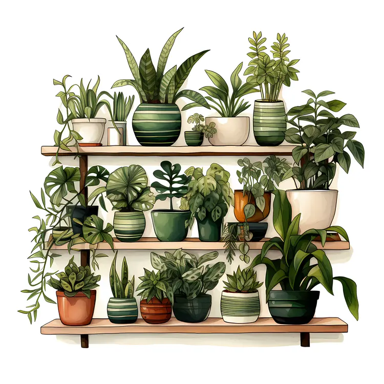 Green Plants on Wooden Shelves