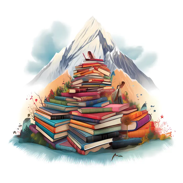 Colorful Books Piled Up in Front of a Mountain
