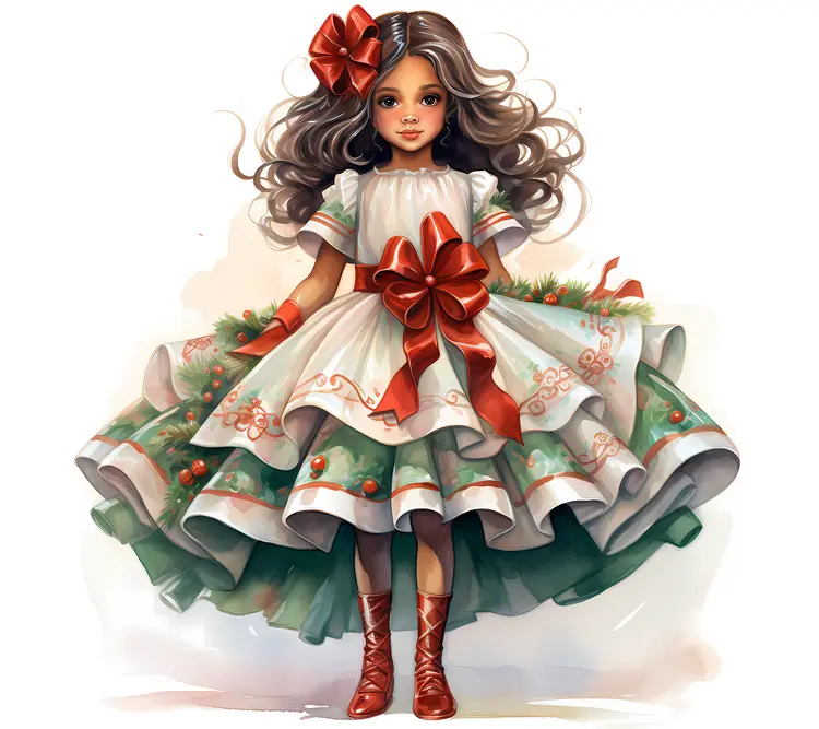 Festive Girl in White Dress with Red Bow