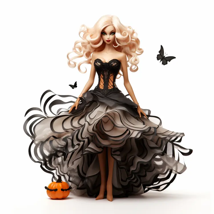 Elegant Halloween Doll in Black Dress with Pumpkins