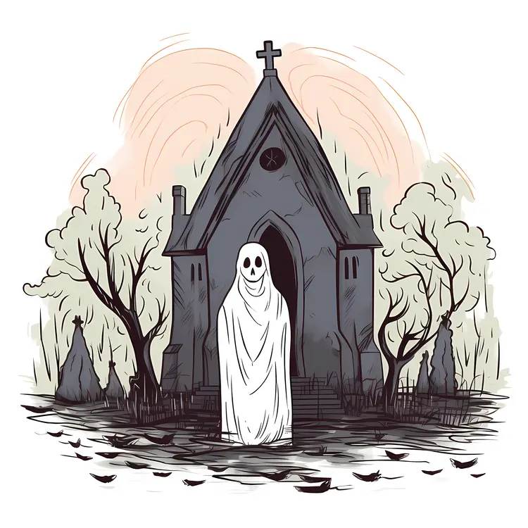Spooky Ghost in Front of Haunted House