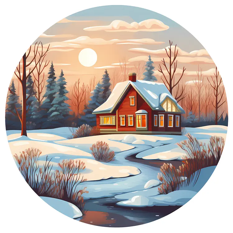 Snowy House in Winter Forest