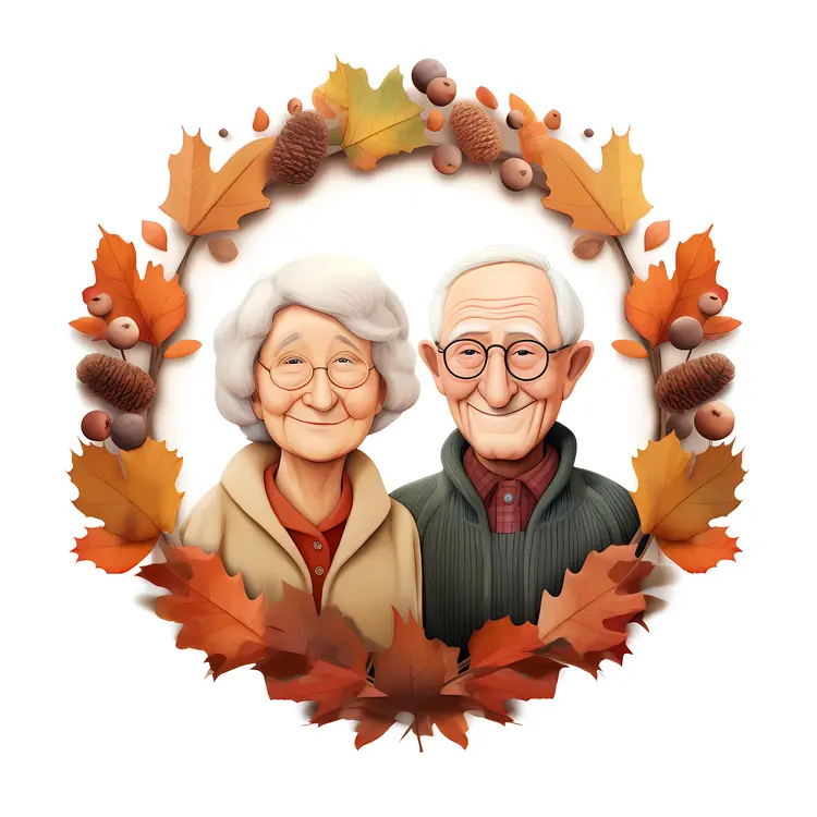 Elderly Couple in Autumn Wreath for Thanksgiving