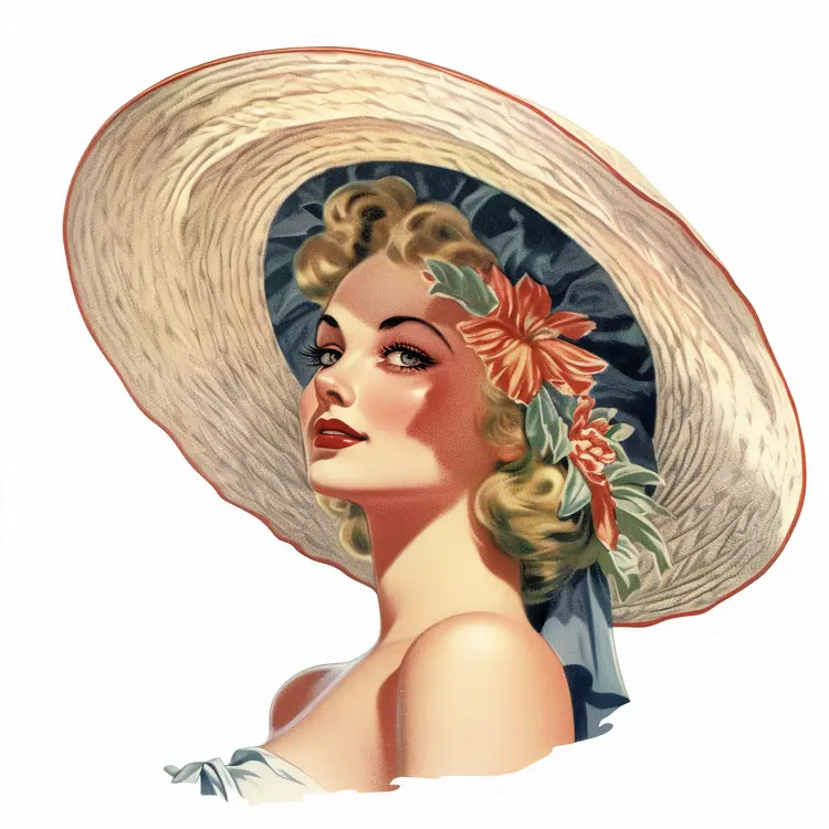 Vintage Woman with Straw Hat and Flowers