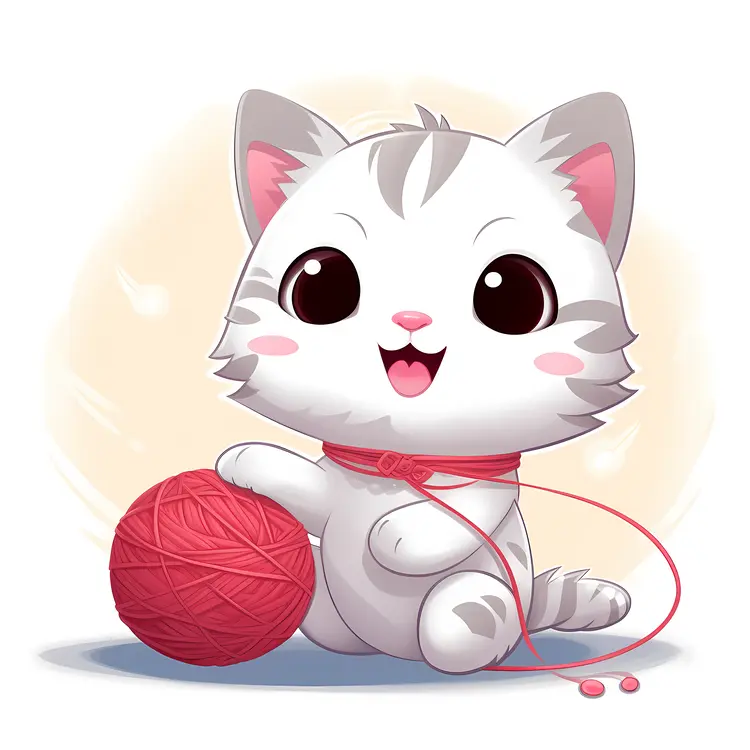 Cute Cat Playing with Red Yarn Ball in Cartoon Style