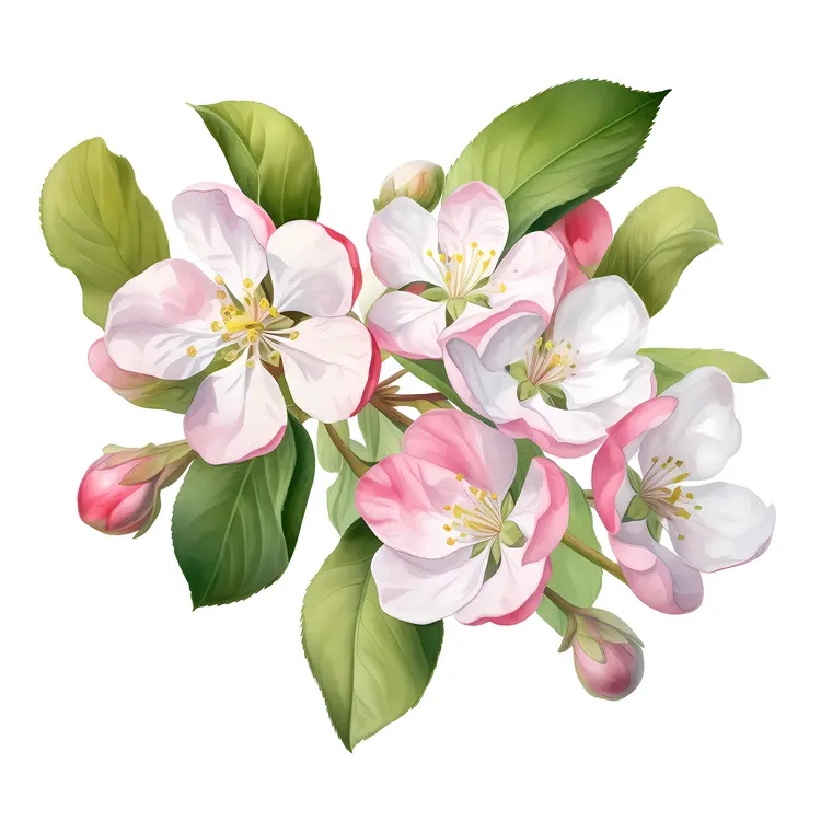 Apple Blossoms with Leaves and Pink Buds