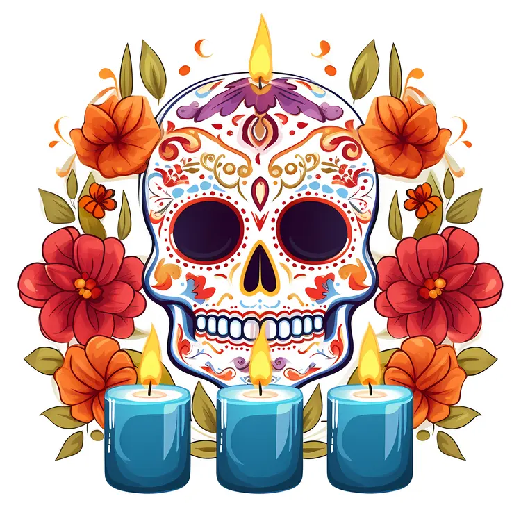 Colorful Sugar Skull with Candles and Flowers for Day of the Dead