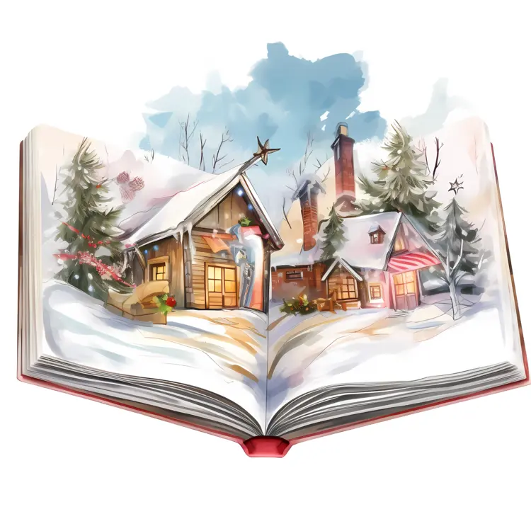 Open Book with Winter Cabin Illustration