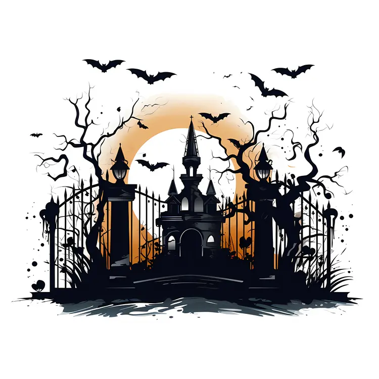 Spooky Haunted Gate with Bats and Castle