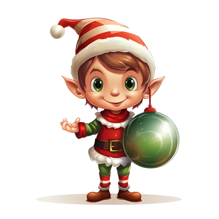 Smiling Elf with Christmas Ornament