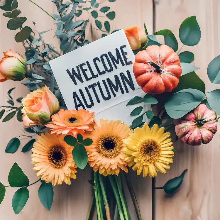 Welcome Autumn with Flowers and Pumpkins