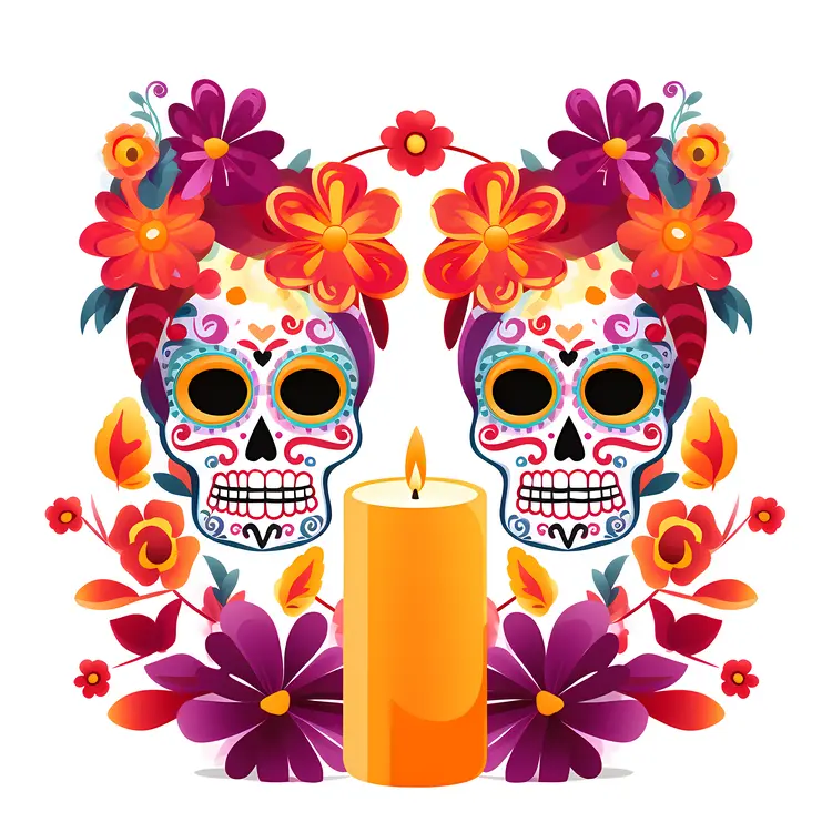 Colorful Sugar Skulls with Candle and Flowers for Day of the Dead Celebration
