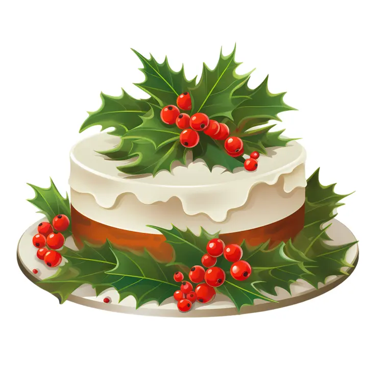 Christmas Cake with Holly Leaves and Red Berries
