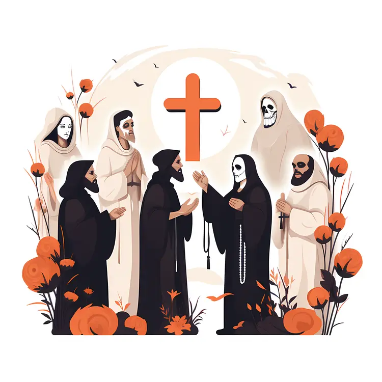 Monks with Skull Masks and Cross in Nature