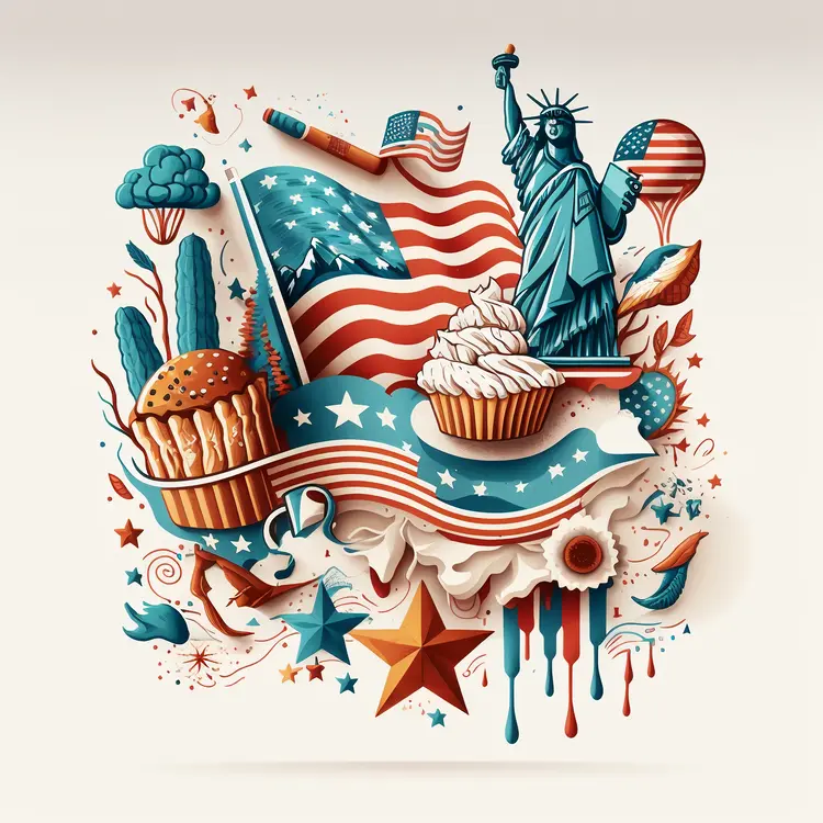 Patriotic American Flag with Statue of Liberty and Cupcakes