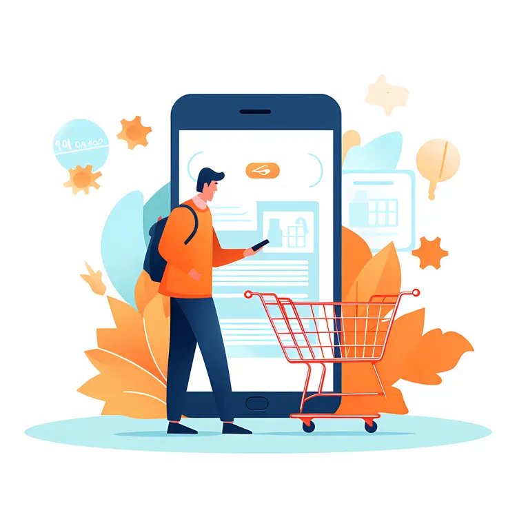 Man Shopping Online with Mobile Phone and Cart