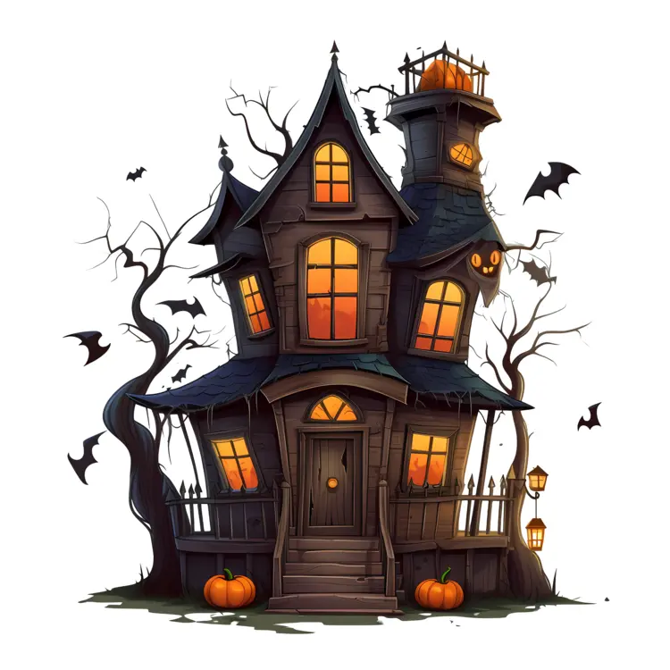 Spooky Haunted House with Pumpkins and Bats
