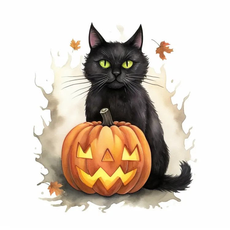 Black Cat with Halloween Pumpkin