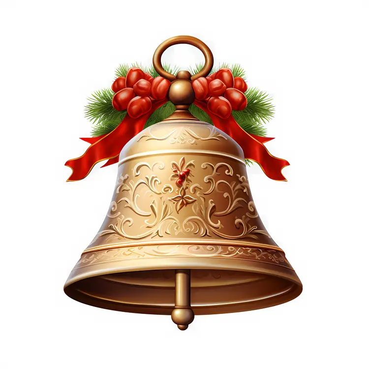 Ornate Golden Bell with Red Bow and Christmas Decorations