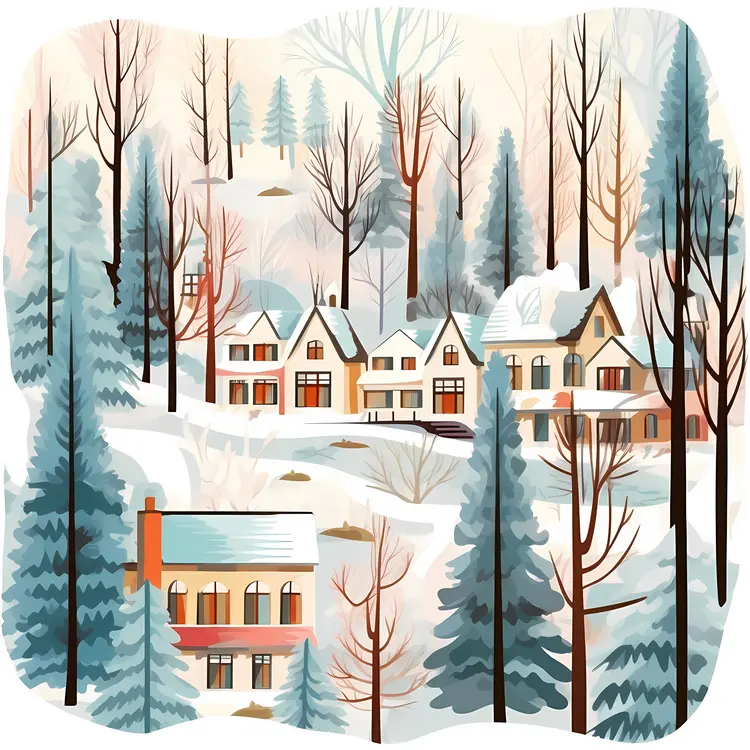 Snowy Houses in Winter Forest