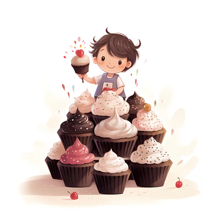 Child with a Pile of Cupcakes