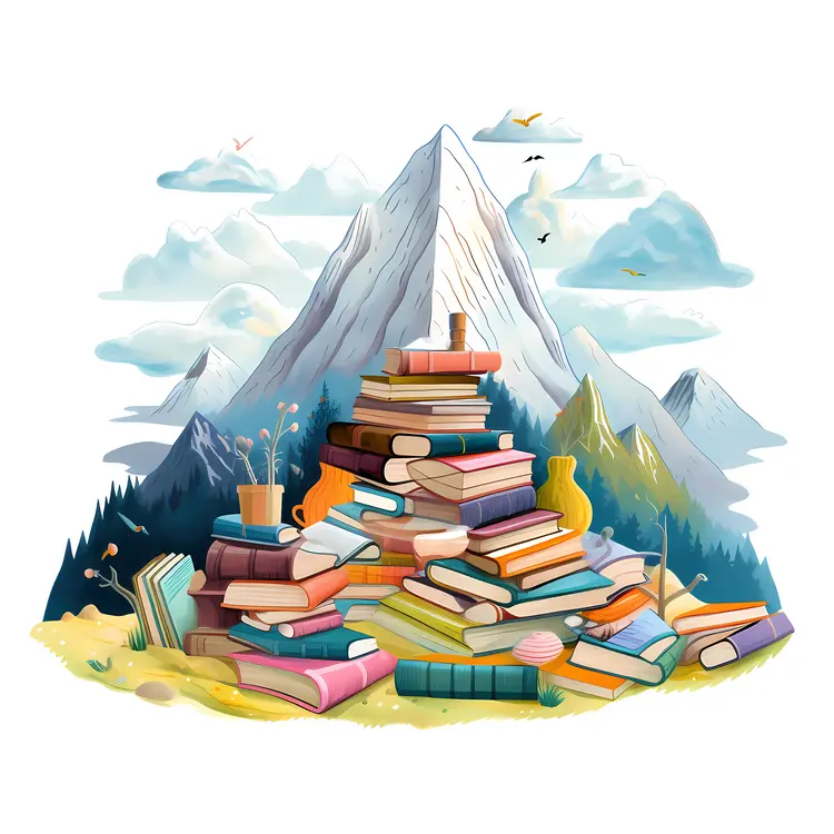 Pile of Books with Mountain Background