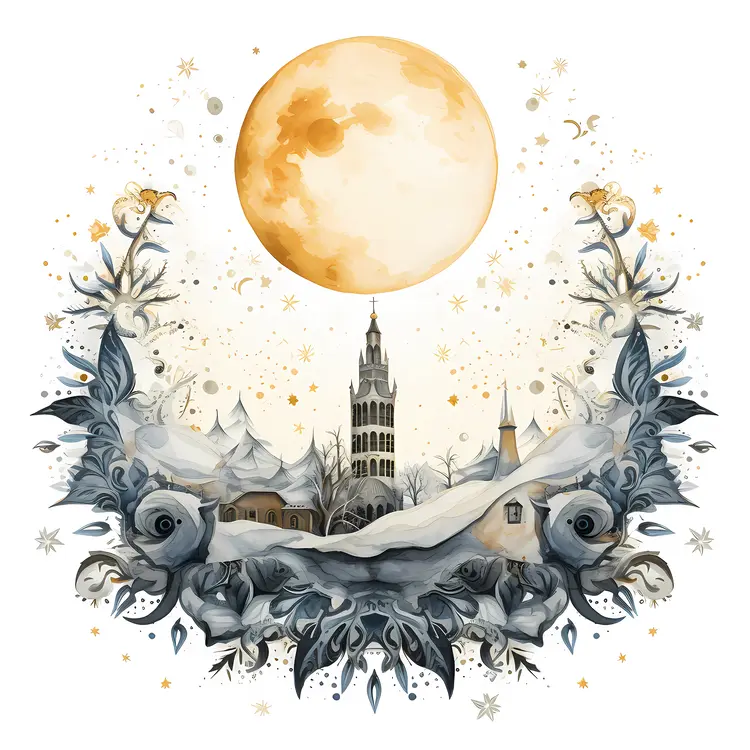 Moon and Village in Winter