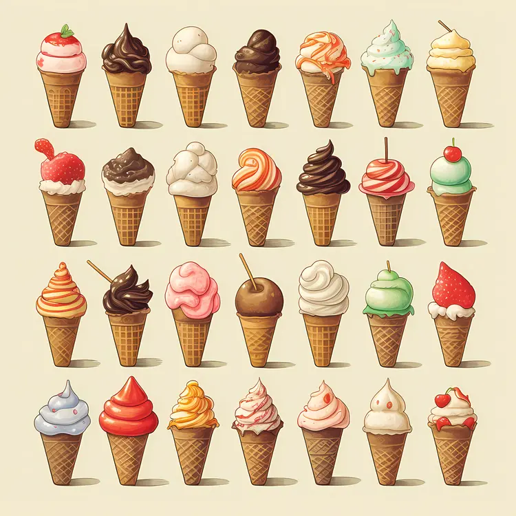 Assorted Ice Cream Cones in Various Flavors
