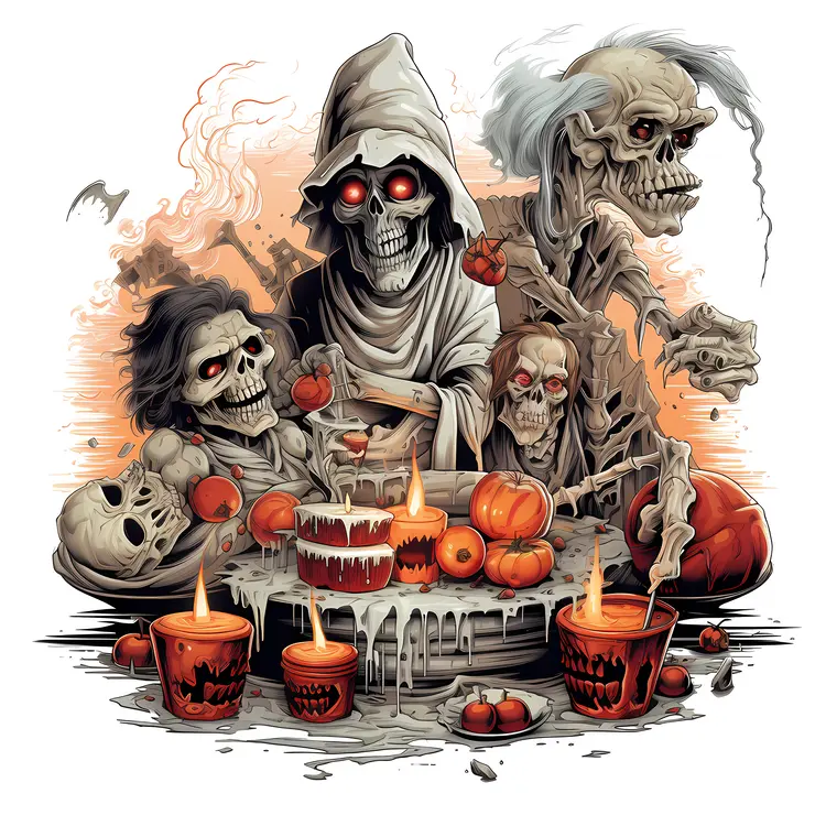 Spooky Skeletons with Candles and Pumpkins