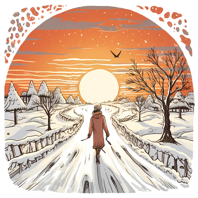 Winter Scene with Snow and Sunset