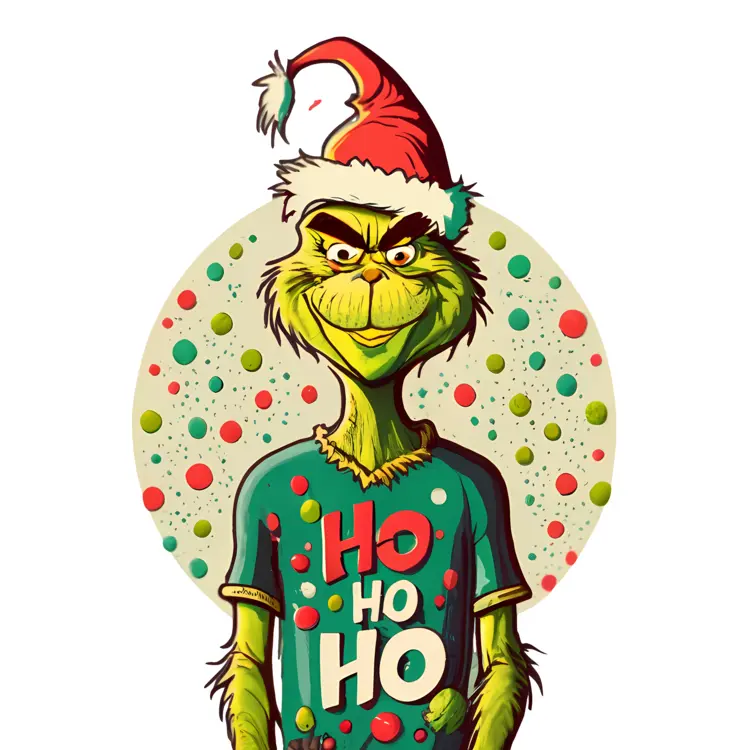 Grinch in Santa Hat with 'HO HO HO' Shirt