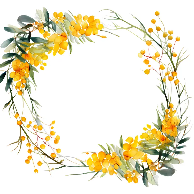 Round Floral Frame with Yellow Flowers and Leaves