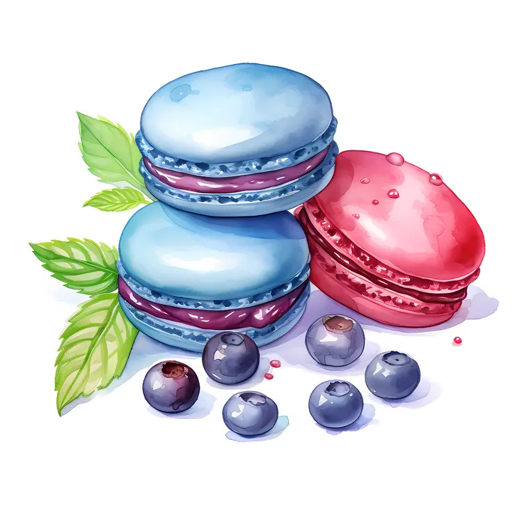 Colorful Macarons with Blueberries and Mint Leaves