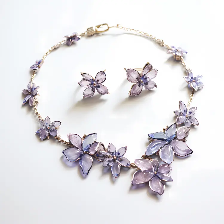 Delicate Purple Flower Necklace and Earrings Set
