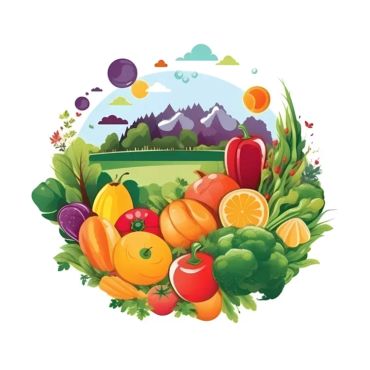 Colorful Vegetables and Fruits with Mountain View