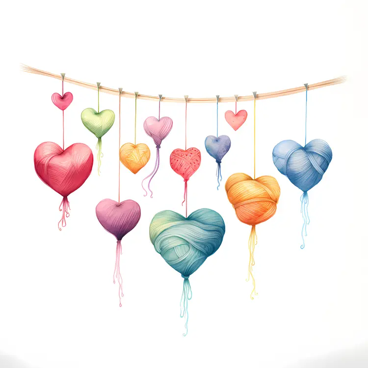 Colorful Yarn Hearts Hanging on a String
