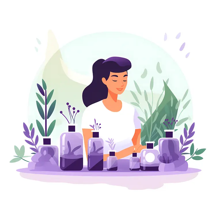Woman with Aromatherapy Bottles and Plants