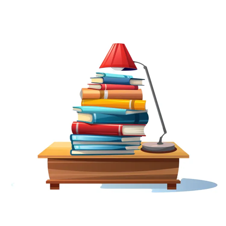 Stack of Colorful Books on Wooden Table with Desk Lamp