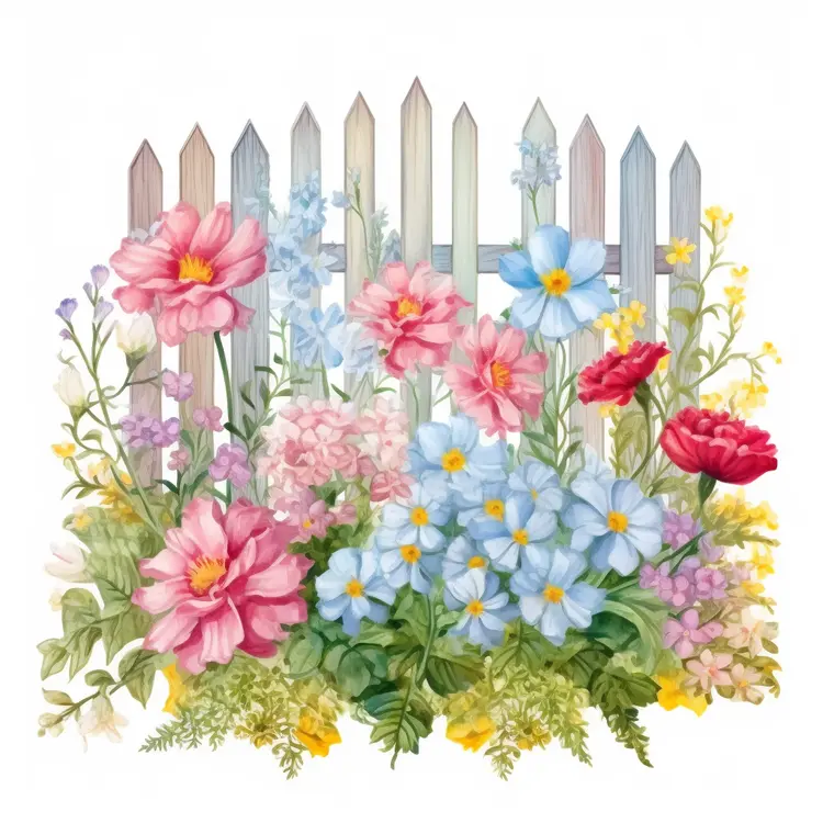 Wooden Fence with Blooming Flowers
